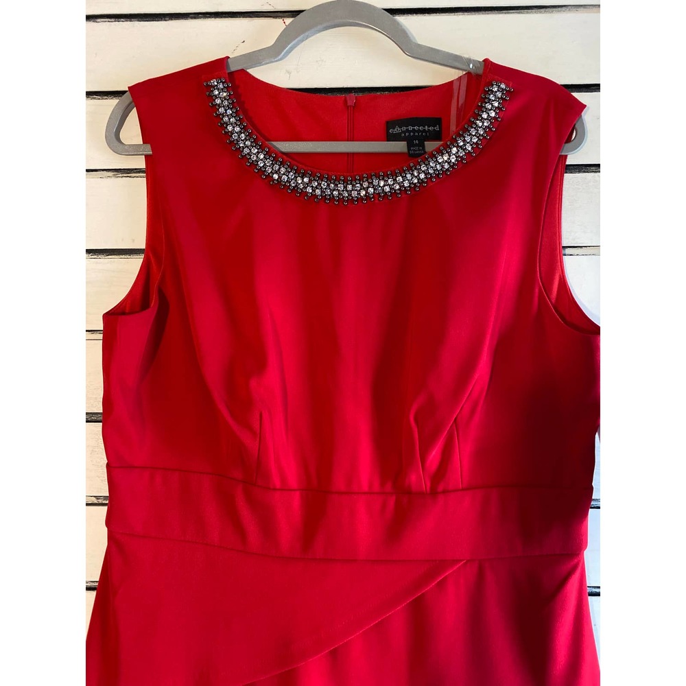 Connected Apparel womans red sleeveless  dress rhinestone attached necklace